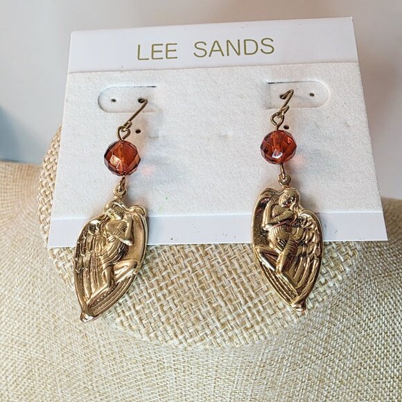 Lee Sands Jewelry - Vtg Lee Sands Winged Angels Dangle Drop Gold Tone Amber Bead Earrings